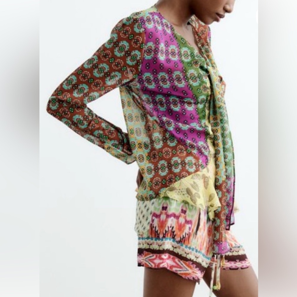 Zara Semi-Sheer Blouse with Tie Detail XL
